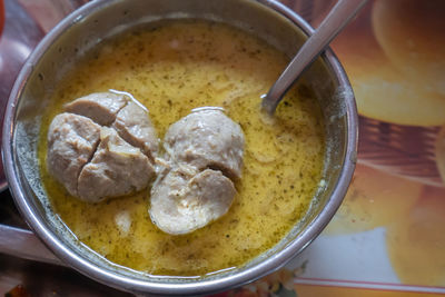 High angle view of soup in bowl