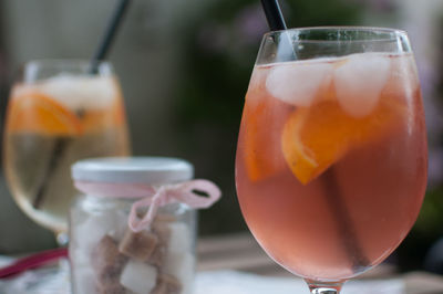 Close-up of wineglass on table