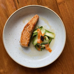 High angle view of breakfast served in plate on table