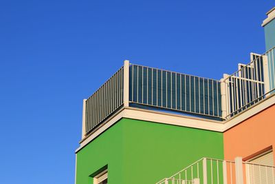 Low angle view of steps against clear blue sky