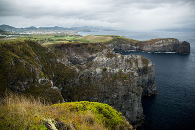 Scenic view of calm sea against cloudy sky