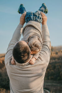 Father's day, happy loving family. father and son playing, having fun on the nature. happy family, 