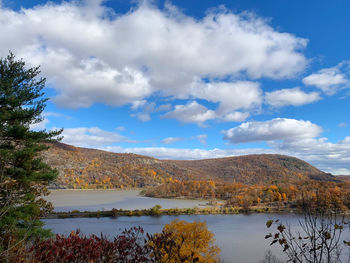 Scenic view of lake by mountain against sky