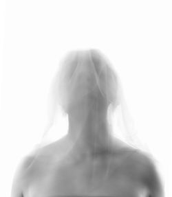 Digital composite image of woman against white background