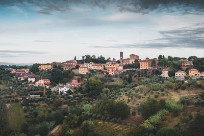 High angle shot of townscape against sky