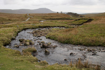 Scenic view of stream amidst field against sky