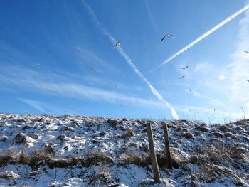 Low angle view of vapor trails against sky during winter