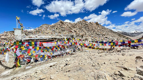 Prayer flags at khardung la pass in leh ladakh, india.