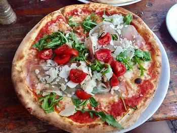 High angle view of pizza on table