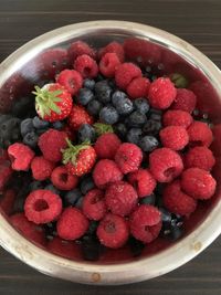 High angle view of strawberries in bowl