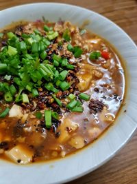 High angle view of soup in bowl on table