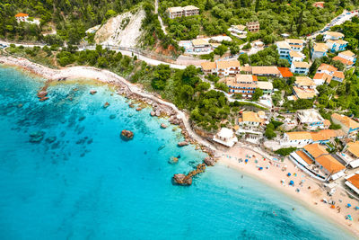 Aerial view of town and beach in lefkada island