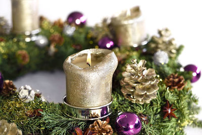 Close-up of christmas decorations on table