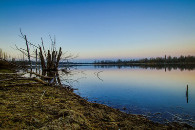 Scenic view of lake against clear blue sky