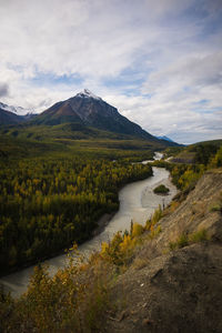 Scenic view of lake and mountains against sky