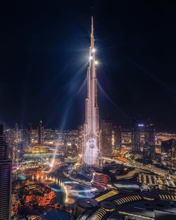 High angle view of illuminated city at night