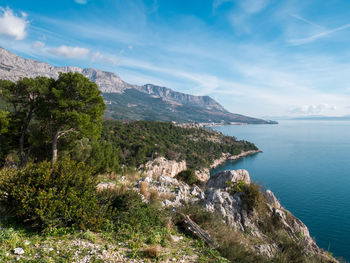 Scenic view of sea and mountains against sky