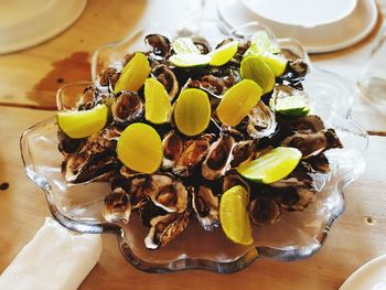 High angle view of dessert served on table