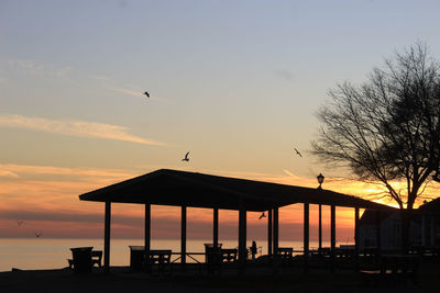 Silhouette birds flying against sky during sunset