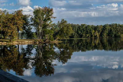 Reflection of trees in lake against sky