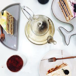 High angle view of breakfast on table