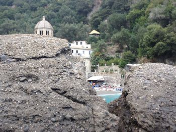 High angle view of buildings in village