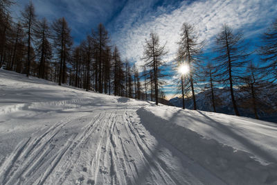 Snow covered landscape against sky