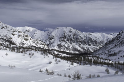 Scenic view of snowcapped mountains against sky