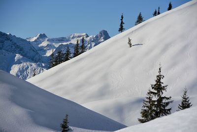 Scenic view of snow covered mountains against sky