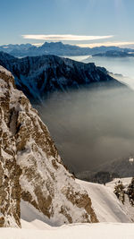 Scenic view of snow covered mountains against sky