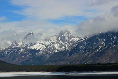 Scenic view of lake by snowcapped mountains against sky