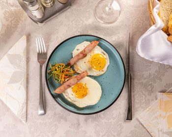 High angle view of food in plate on table