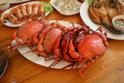 High angle view of food served on table