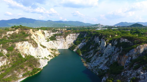 High angle view of river amidst mountains against sky