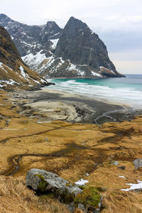 Kvalvika beach on lofoten islands in fredvang, norway