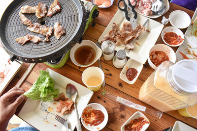 High angle view of breakfast served on table