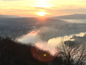 High angle view of sunset over river