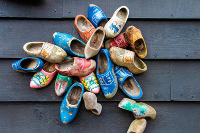 Directly above view of multi colored clogs