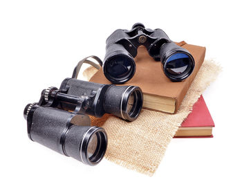 High angle view of camera against white background
