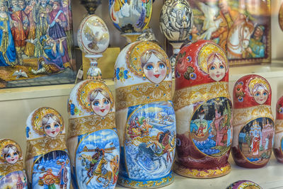 Close-up of carving on display at market stall