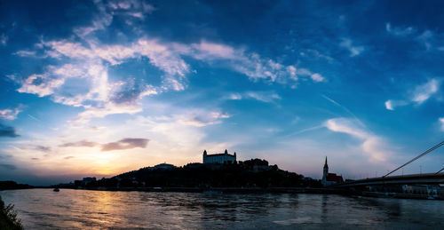 View of buildings by river against cloudy sky