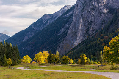 Scenic view of trees and mountains against sky