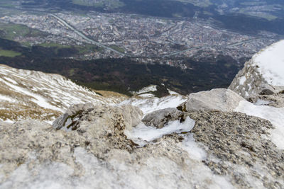 High angle view of sheep on landscape during winter