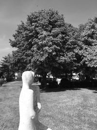 Rear view of statue against trees in park