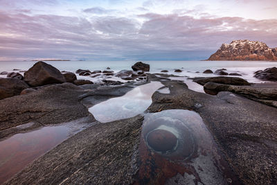 Rocks on beach against sky