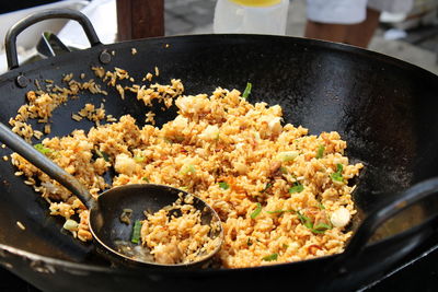 High angle view of rice in container