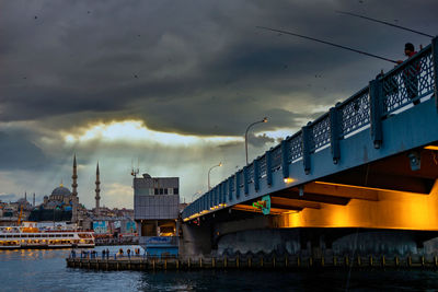 Bridge over river against sky at dusk