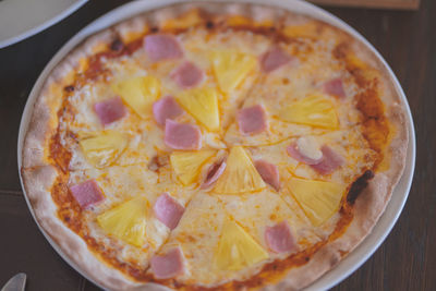 High angle view of pizza on table