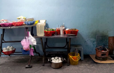 View of food on table against wall