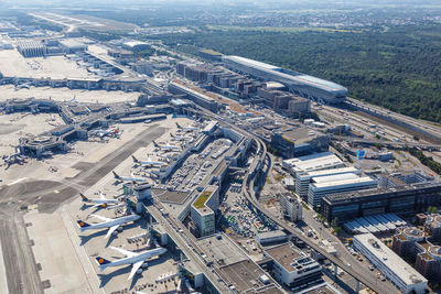 High angle view of road amidst buildings in city